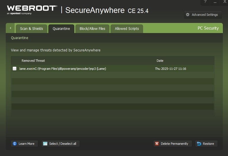 Click image for larger version

Name:	Webroot quarantine dBpoweramp screenshot.jpg
Views:	4
Size:	51.4 KB
ID:	336564