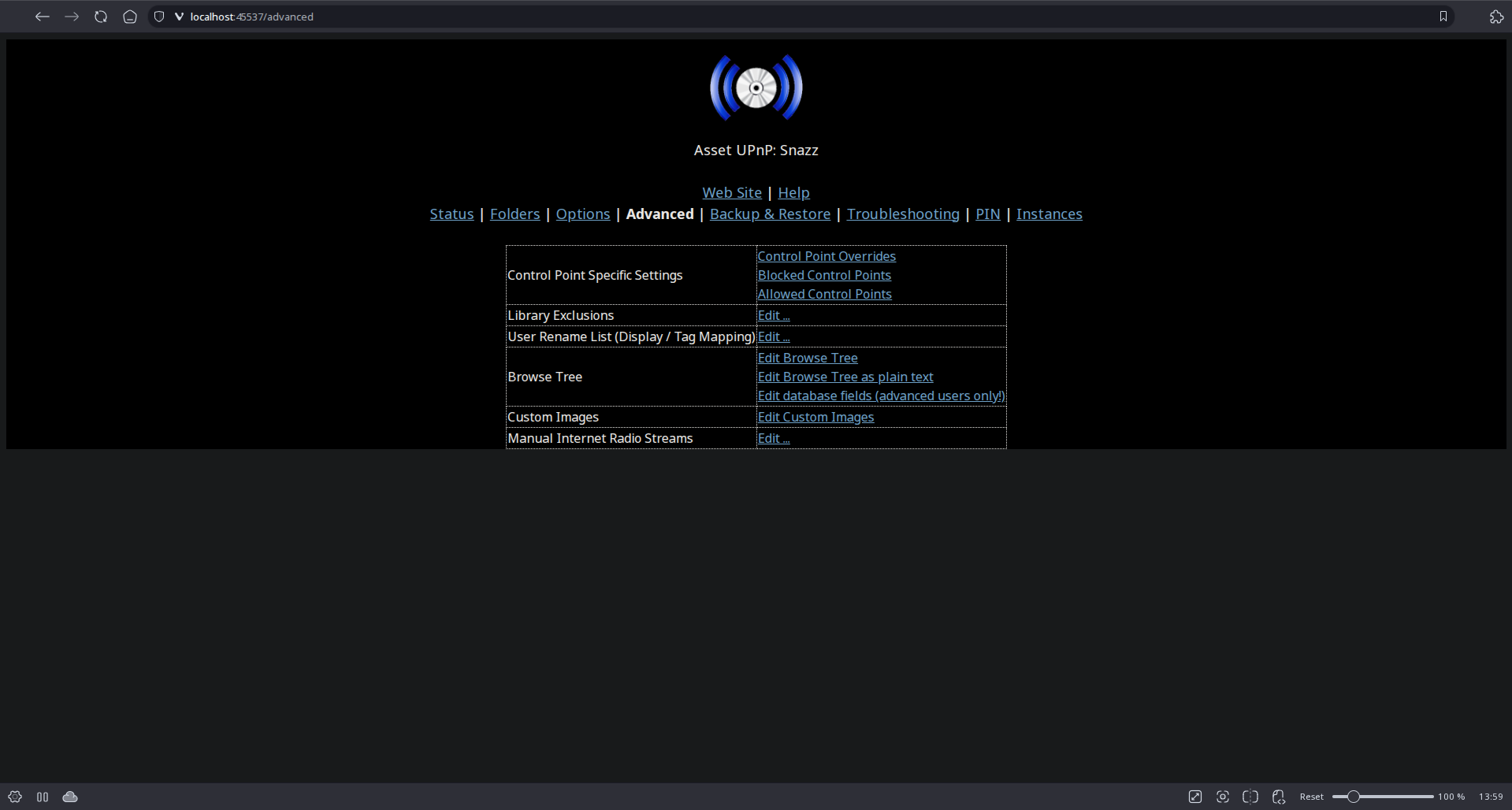 Asset server configuration page